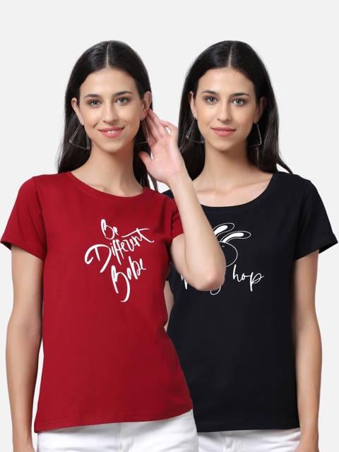 

UnaOne Women Black Typography 2 Printed Applique T-shirt
