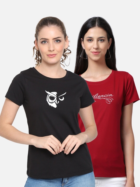 

UnaOne Plus Size Women Pack Of 2 Black & Maroon Pure Cotton T-shirt