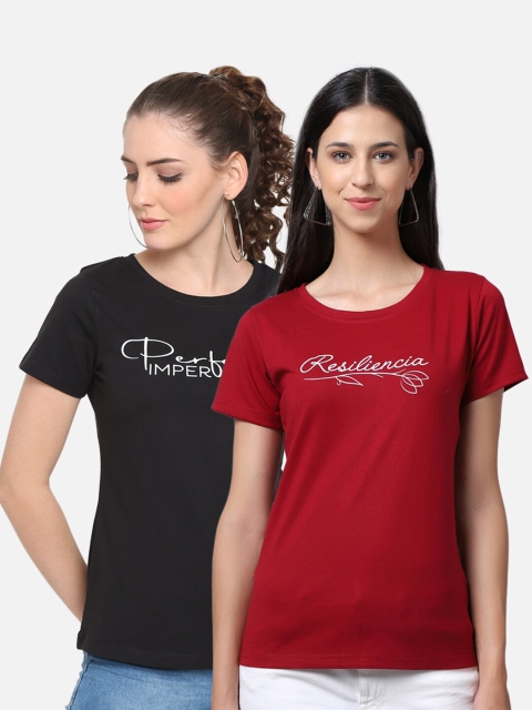 

UnaOne Women Pack Of 2 Black & Maroon Typography Printed T-shirt