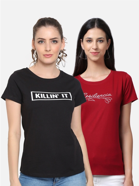 

UnaOne Women Pack of 2 Black & Maroon Typography Printed T-shirt