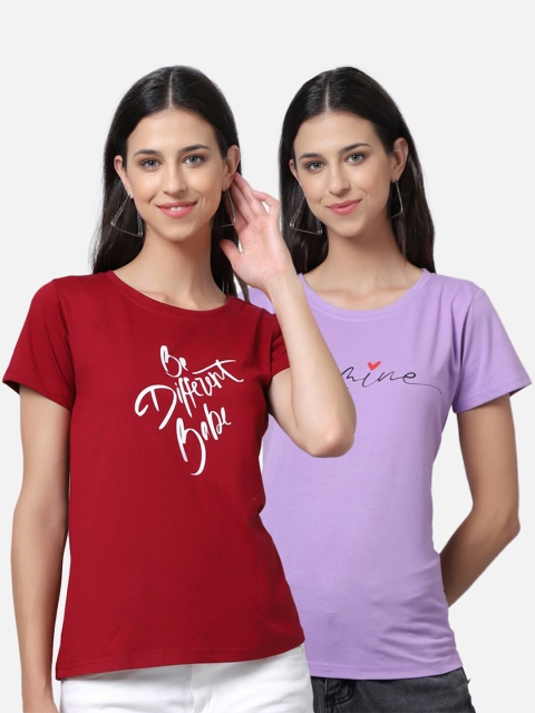 

UnaOne Women Pack Of 2 Red & Lavender Typography Printed T-shirt