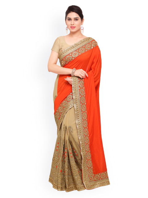 

Sareegama Orange & Beige Poly Crepe Embroidered Saree