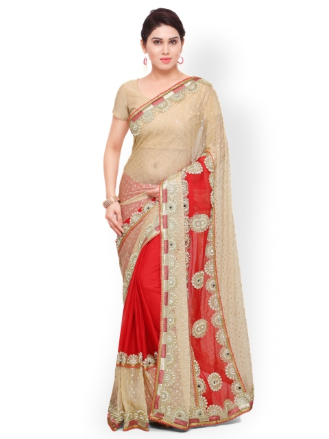 

Sareegama Beige & Red Poly Chiffon Embroidered Saree