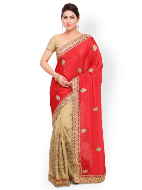 

Sareegama Red & Beige Poly Crepe Embroidered Saree