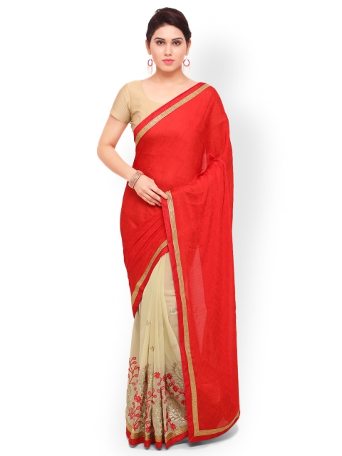 

Sareegama Red & Beige Poly Georgette Woven Design Saree