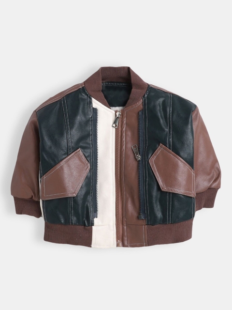 

Hopscotch Girls Brown Black Colourblocked Leather Jacket