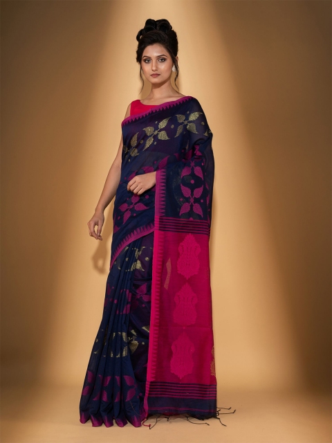 

BEATITUDE Navy Blue & Pink Woven Design Saree