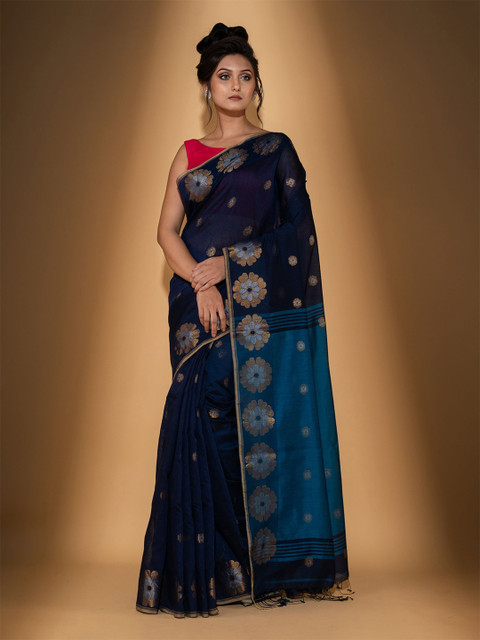 

BEATITUDE Navy Blue & Gold-Toned Woven Design Zari Saree