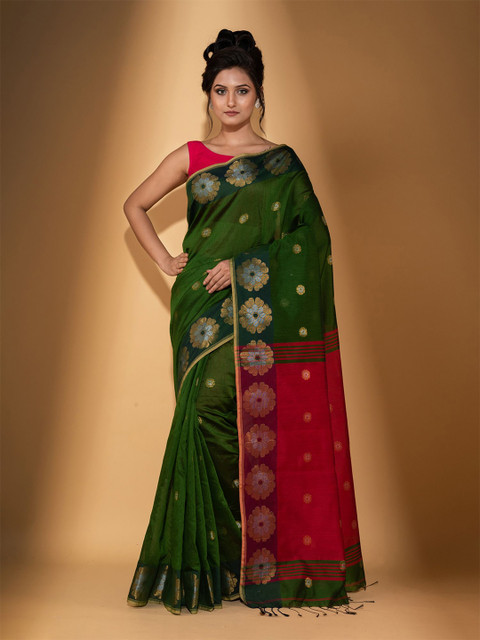

BEATITUDE Green & Red Woven Design Zari Saree