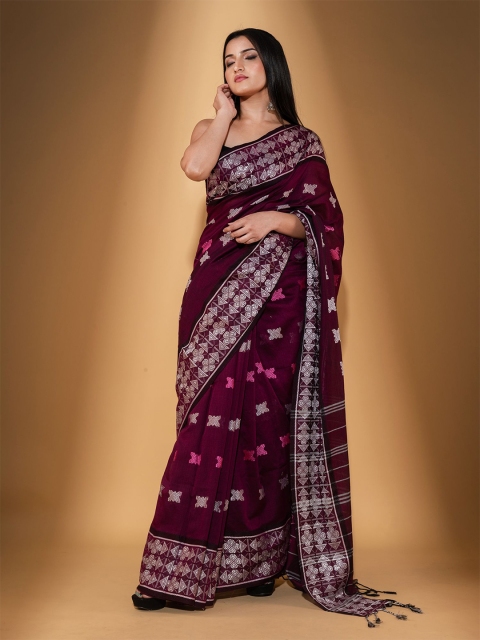 

BEATITUDE Purple & White Woven Design Zari Pure Cotton Saree