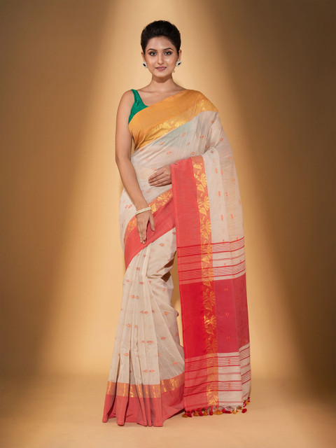

BEATITUDE Off White & Red Woven Design Pure Cotton Saree