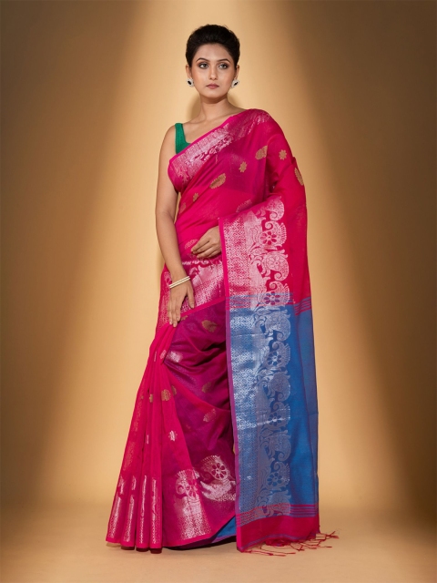

BEATITUDE Pink & Blue Woven Design Cotton Zari Saree