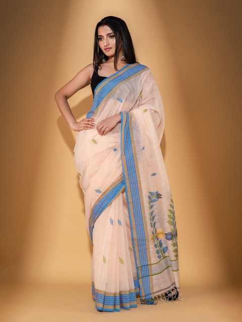 

BEATITUDE Peach-Coloured & Green Woven Design Pure Cotton Saree