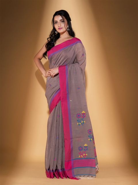 

BEATITUDE Brown & Pink Floral Pure Cotton Saree