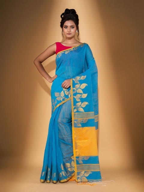 

BEATITUDE Blue & Gold-Toned Zari Saree