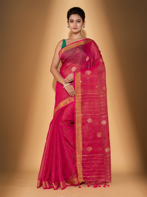 

BEATITUDE Red & Gold-Toned Cotton Woven Design Zari Saree