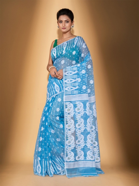 

BEATITUDE Blue & White Floral Printed Silk Cotton Jamdani Saree