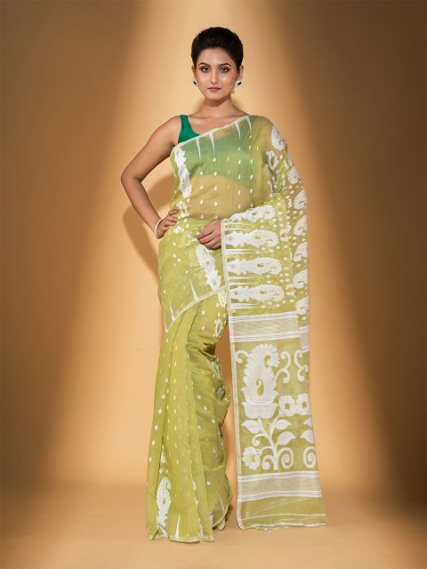 

BEATITUDE Green & White Woven Design Silk Cotton Saree