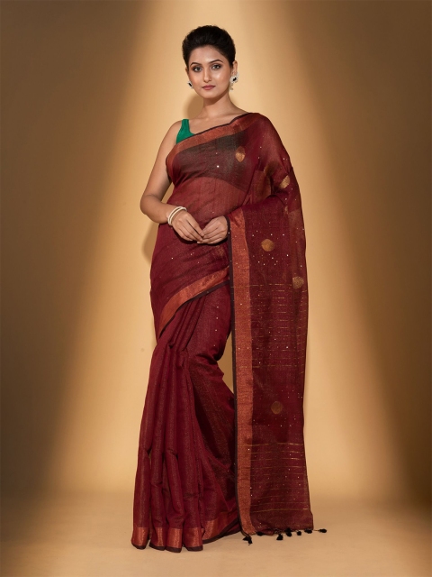 

BEATITUDE Maroon & Gold-Toned Woven Design Zari Saree