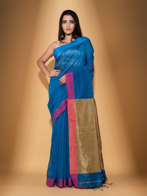 

BEATITUDE Blue & Gold-Toned Woven Zari Saree