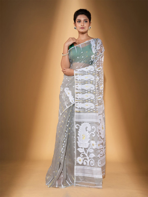

BEATITUDE Grey & White Floral Zari Silk Cotton Saree