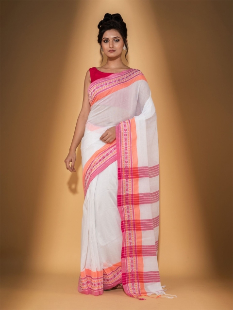 

BEATITUDE White & Pink Pure Cotton Woven Saree