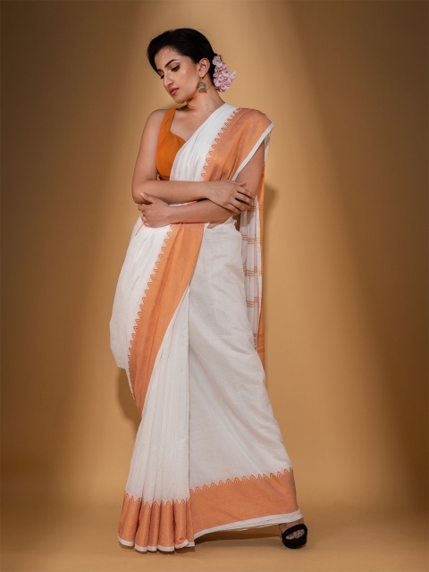 

BEATITUDE White And Orange Striped Pure Cotton Saree