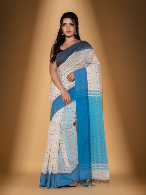 

BEATITUDE White & Blue Zari Pure Cotton Saree