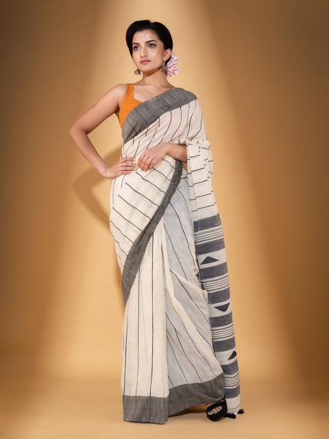 

BEATITUDE White & Grey Striped Pure Cotton Saree