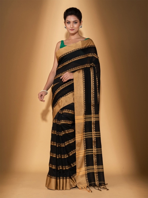 

BEATITUDE Black & Beige Woven Design Zari Pure Cotton Saree