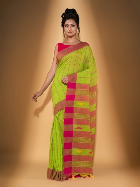 

BEATITUDE Green & Pink Woven Design Pure Cotton Saree