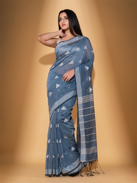 

BEATITUDE Grey & Silver-Toned Woven Design Zari Saree