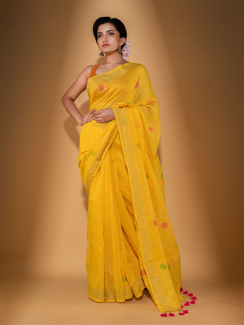 

BEATITUDE Yellow & Gold-Toned Zari Saree