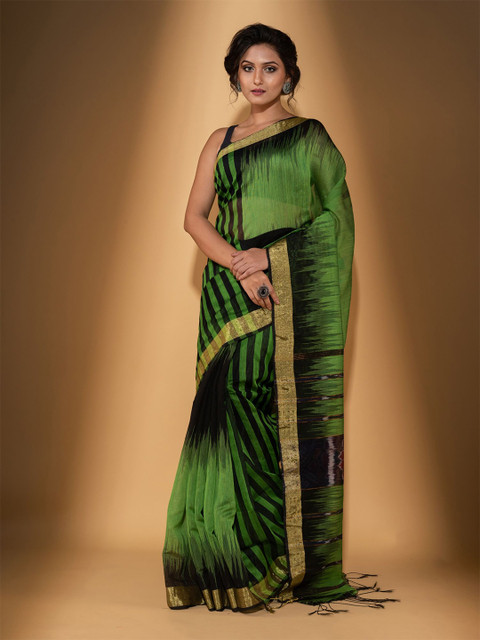 

BEATITUDE Green & Black Printed Striped Zari Woven Saree