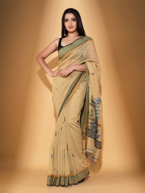 

BEATITUDE Cream-Coloured & Green Woven Design Pure Cotton Saree