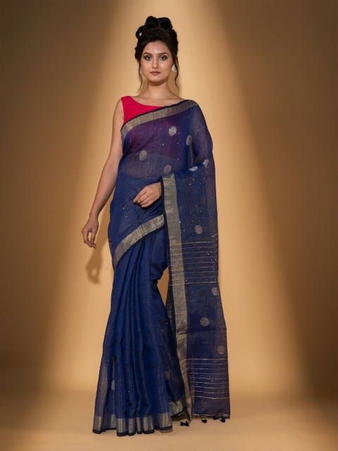 

BEATITUDE Blue & Gold-Toned Woven Design Zari Saree