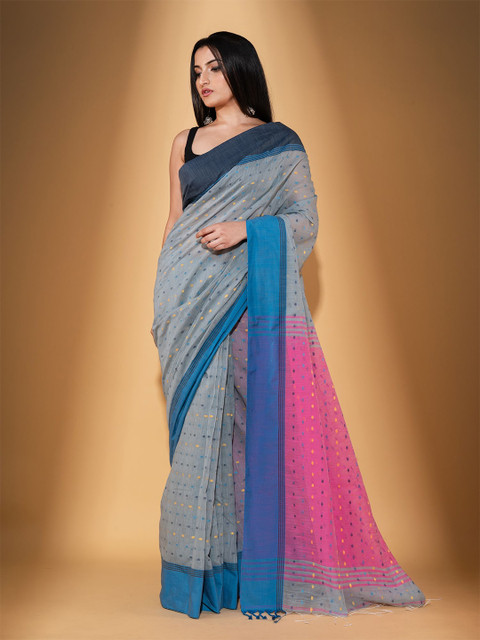 

BEATITUDE Grey & Blue Woven Design Pure Cotton Saree