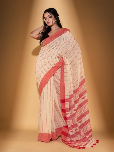 

BEATITUDE Off White & Pink Striped Pure Cotton Saree