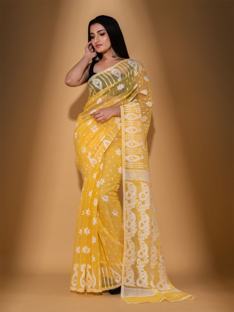 

BEATITUDE Yellow And White Floral Silk Cotton Jacquard Jamdani Saree