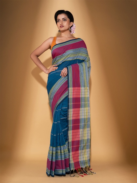 

BEATITUDE Navy Blue & Pink Woven Design Pure Cotton Saree