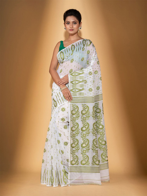 

BEATITUDE White & Green Woven Design Silk Cotton Saree