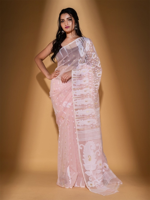 

BEATITUDE Pink & White Woven Design Silk Cotton Jamdani Saree