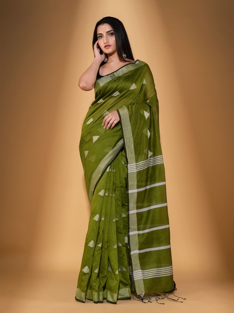 

BEATITUDE Green & Grey Blended Cotton Woven Zari Saree