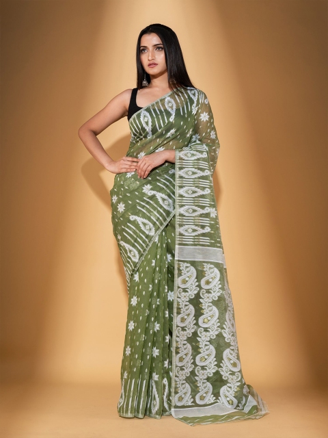 

BEATITUDE Green & White Woven Design Silk Cotton Saree