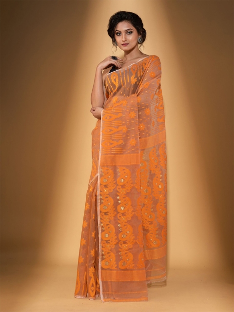 

BEATITUDE Orange & Gold-Toned Floral Silk Cotton Saree