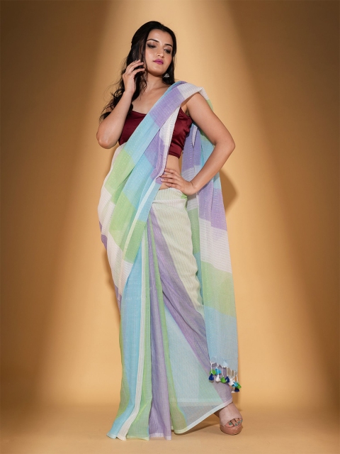 

BEATITUDE White & Green Striped Zari Pure Cotton Saree