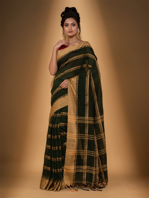 

BEATITUDE Black & Gold-Toned Woven Design Zari Pure Cotton Saree