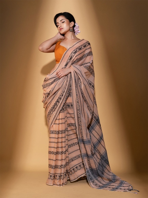 

BEATITUDE Beige & Black Striped Pure Cotton Saree