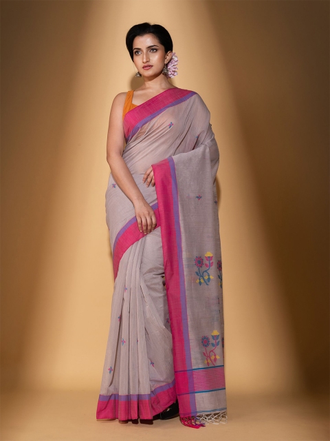 

BEATITUDE Grey & Red Floral Pure Cotton Saree