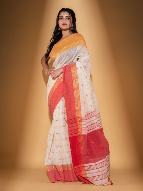 

BEATITUDE White & Yellow Floral Zari Pure Cotton Saree